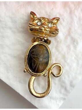 Faux Tiger's Eye Scarab Gold Toned Kitty Cat Kitten 80's Vintage Jewelry Brooch